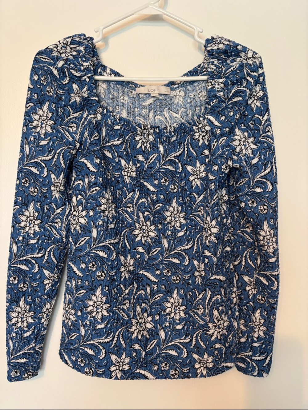 LOFT Navy Blue and White Floral Long Sleeve Top